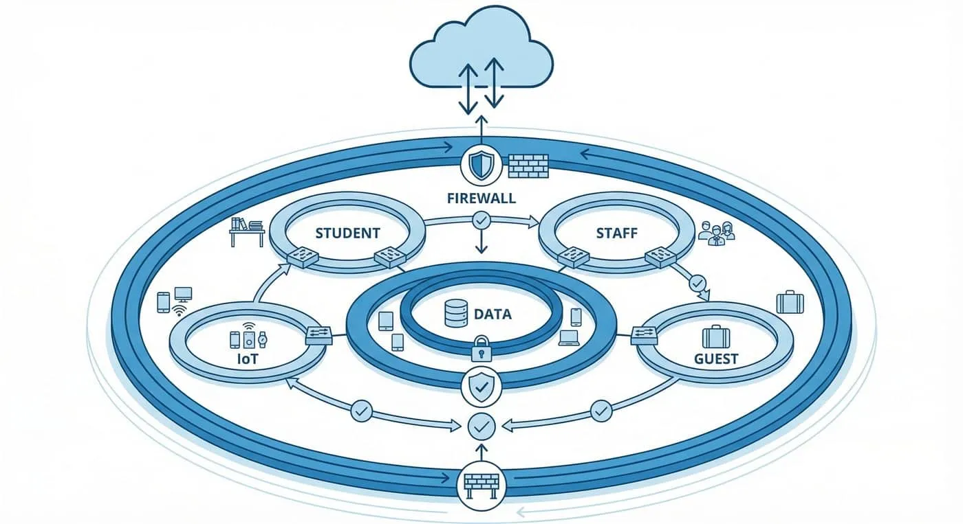 School network security architecture layered defense model diagram with VLANs and firewall