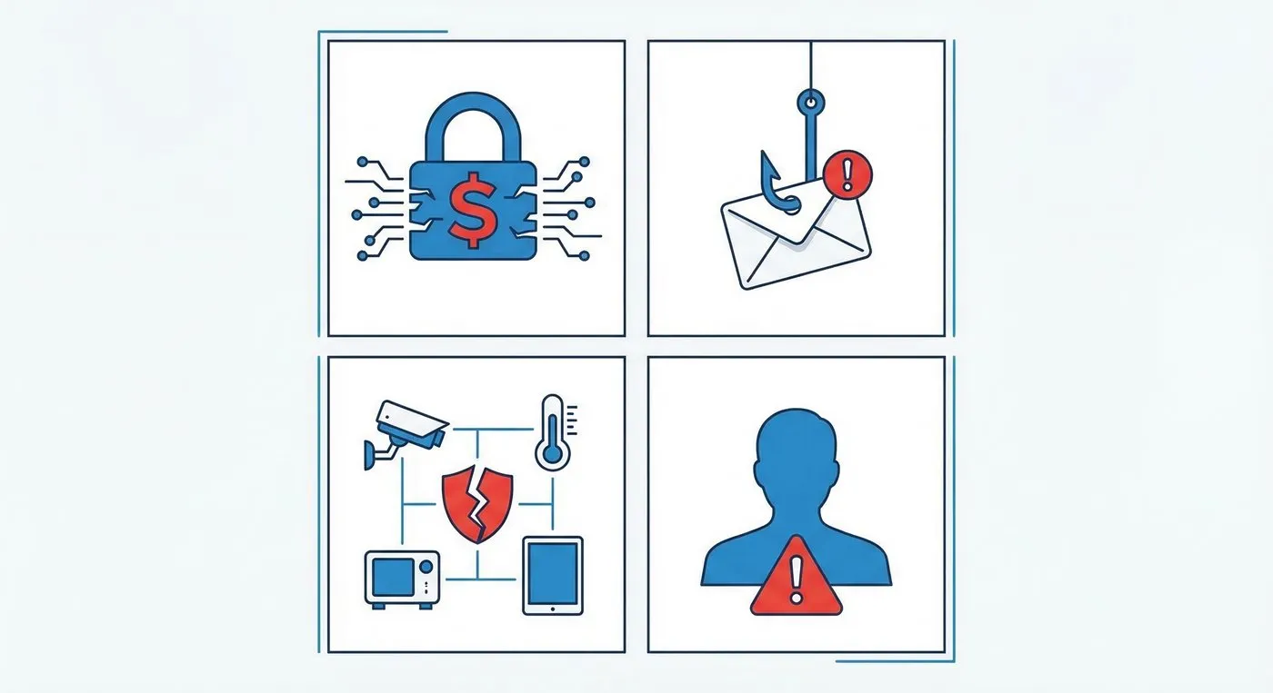 Top school network security threats: ransomware, phishing, IoT vulnerabilities, insider threats infographic