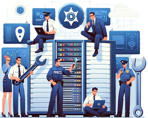DALL_E_2024-01-27_17.27.39_-_A_digital_illustration_in_a_flat_design_style_featuring_IT_support_experts_working_on_law_enforcement_infrastructure._The_scene_includes_a_large_serve-removebg-preview