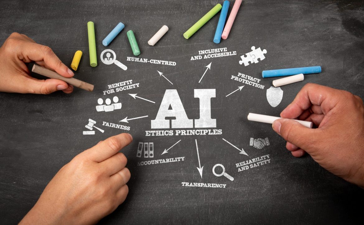 AI Ethics Principles. Illustration with icons, keywords and arrows on a black chalkboard background