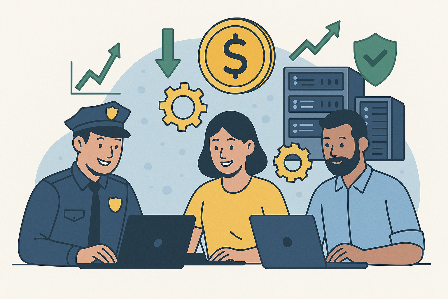 Illustration of law enforcement and IT professionals collaborating to optimize systems and reduce technology costs