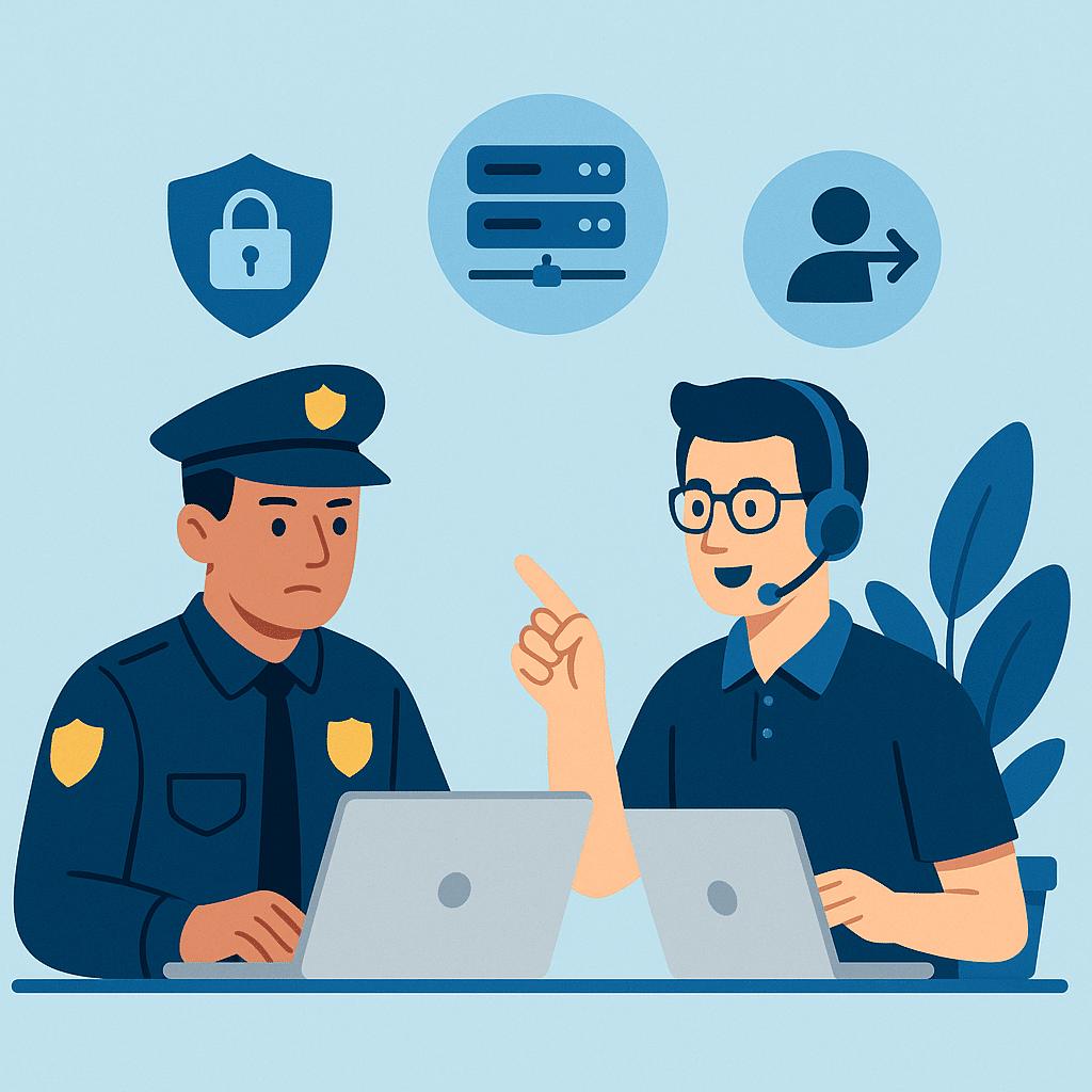 Illustration of a police officer and IT support specialist collaborating, symbolizing outsourced IT operations
