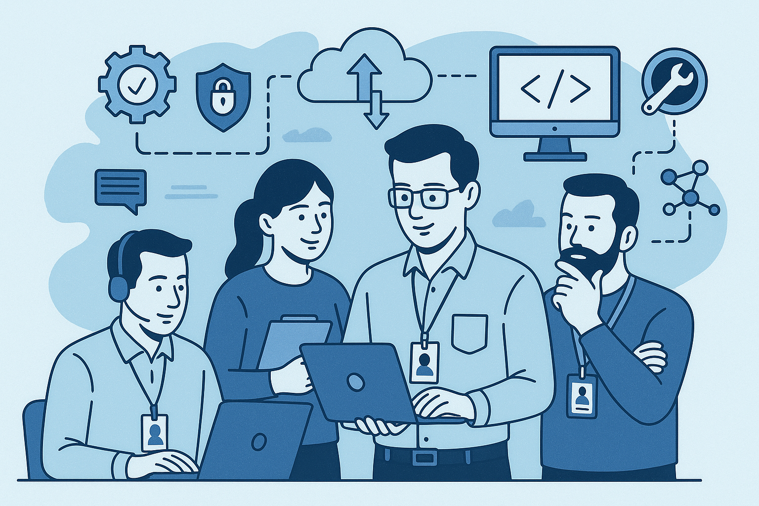 Illustration of a skilled IT support team collaborating on cloud infrastructure, cybersecurity, and system maintenance