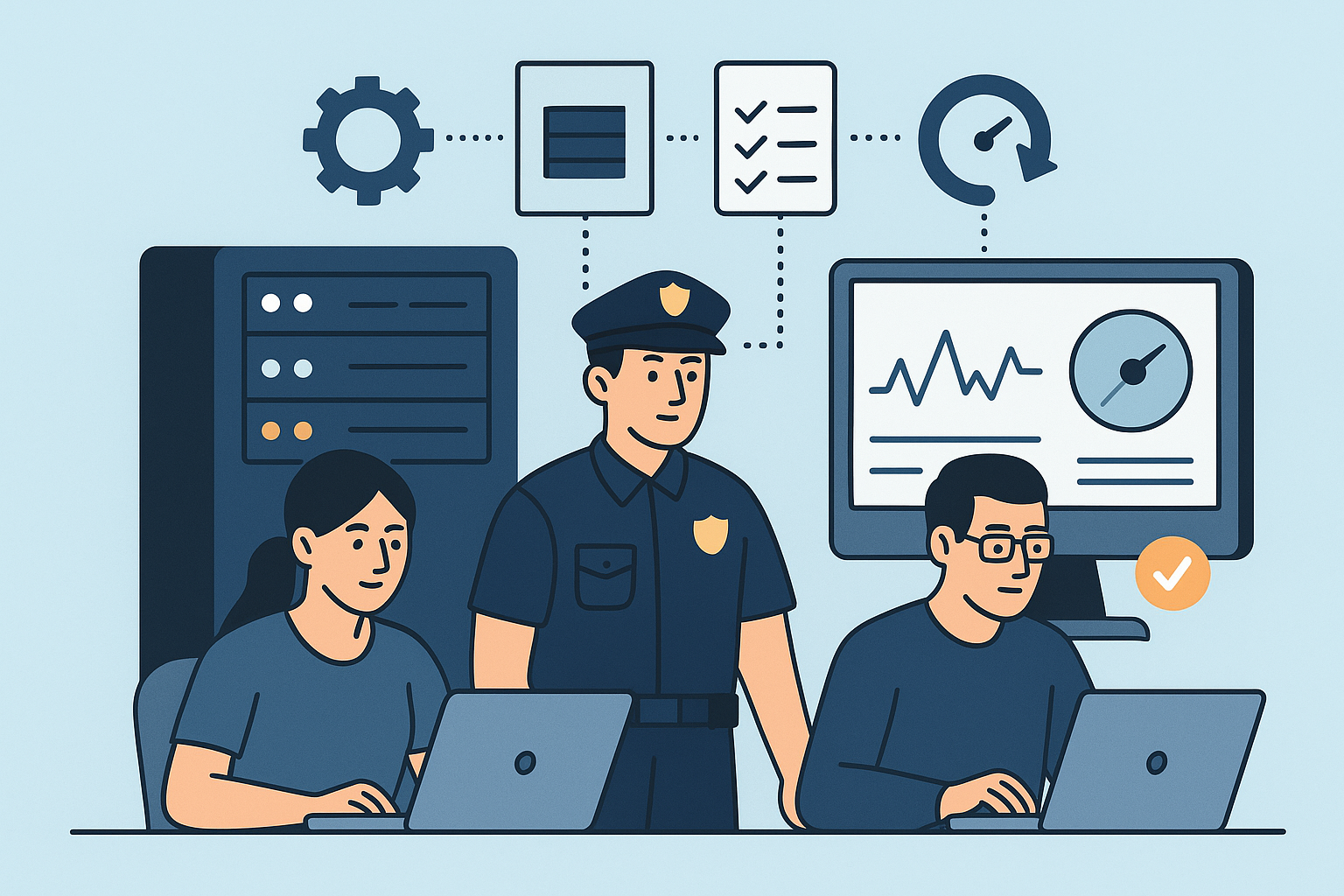 Illustration of IT professionals proactively monitoring law enforcement infrastructure with real-time system dashboards and performance metrics