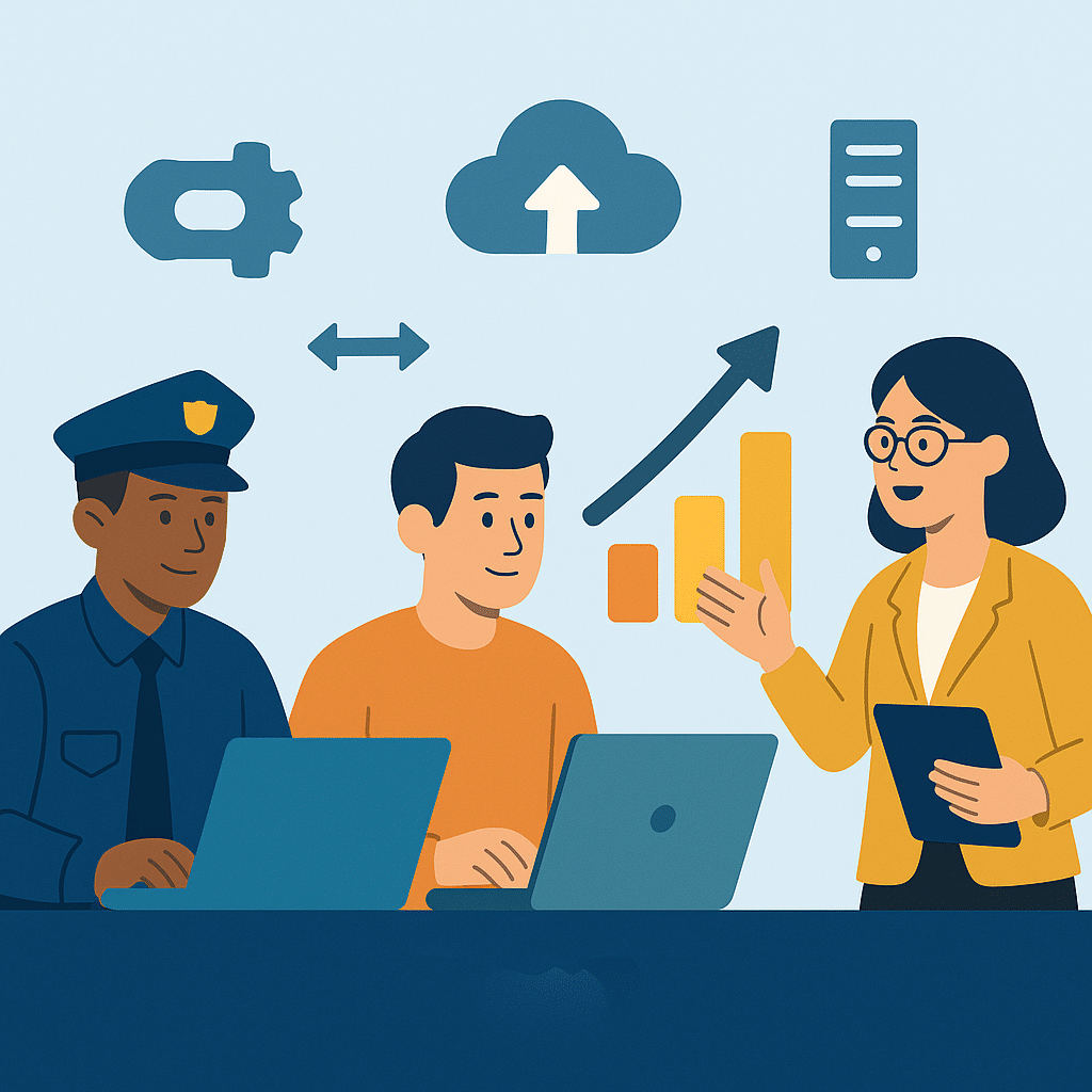Illustration of law enforcement and IT professionals working together on laptops with cloud and growth icons representing scalable infrastructure