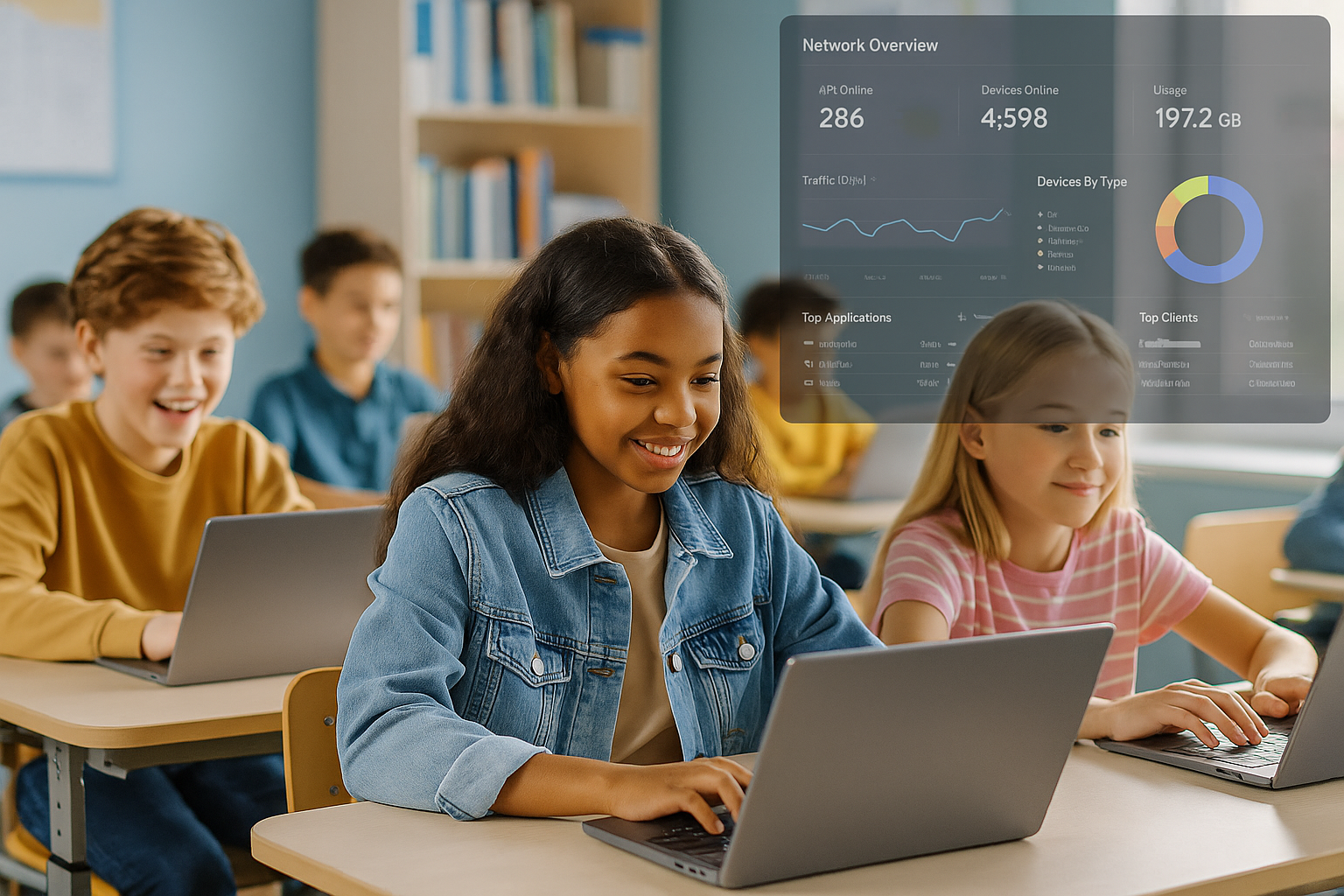 Diverse group of elementary students engaged with laptops in a modern classroom, featuring a transparent overlay of a network management dashboard showing real-time device and traffic analytics—illustrating secure, reliable IT infrastructure in schools.