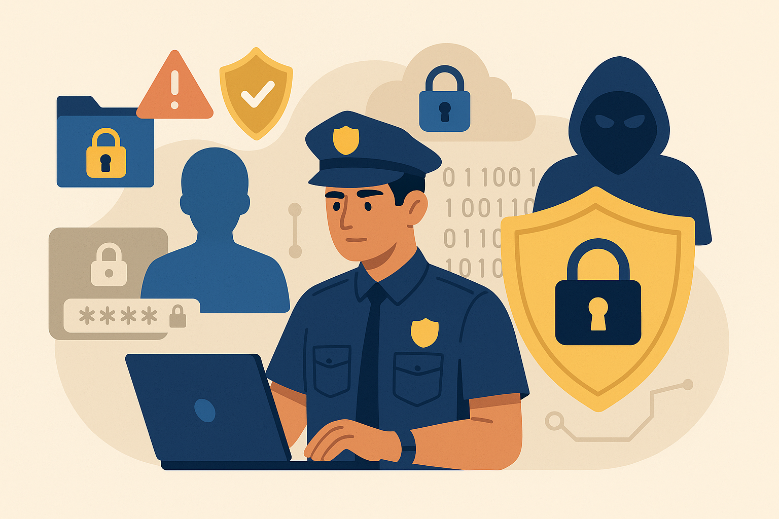 Illustration of law enforcement officer using cybersecurity tools to protect against data breaches and unauthorized access