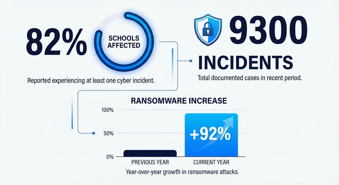K-12 school cybersecurity statistics visualization showing incident rates and ransomware trends
