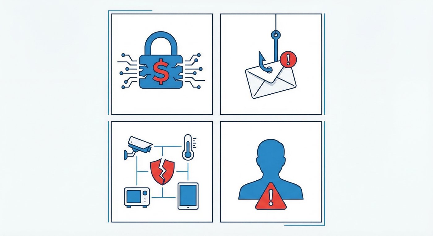 Top school network security threats: ransomware, phishing, IoT vulnerabilities, insider threats infographic